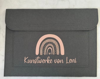 Personalisierte Sammelmappe mit Namen und Regenbogen für Kindergarten Kunstwerke für DIN A3 Blätter | Geschenk zur Einschulung | Postmappe