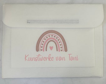 Personalisierte Sammelmappe mit Namen und Regenbogen für Kindergarten Kunstwerke / für DIN A3 Blätter | Geschenk zur Einschulung | Postmappe