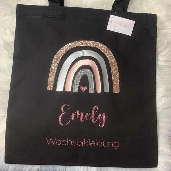 Personalisierter Wechselkleidung Beutel für mit Regenbogen in roségold + Namen | Geschenk zur Einschulung | Kindergarten