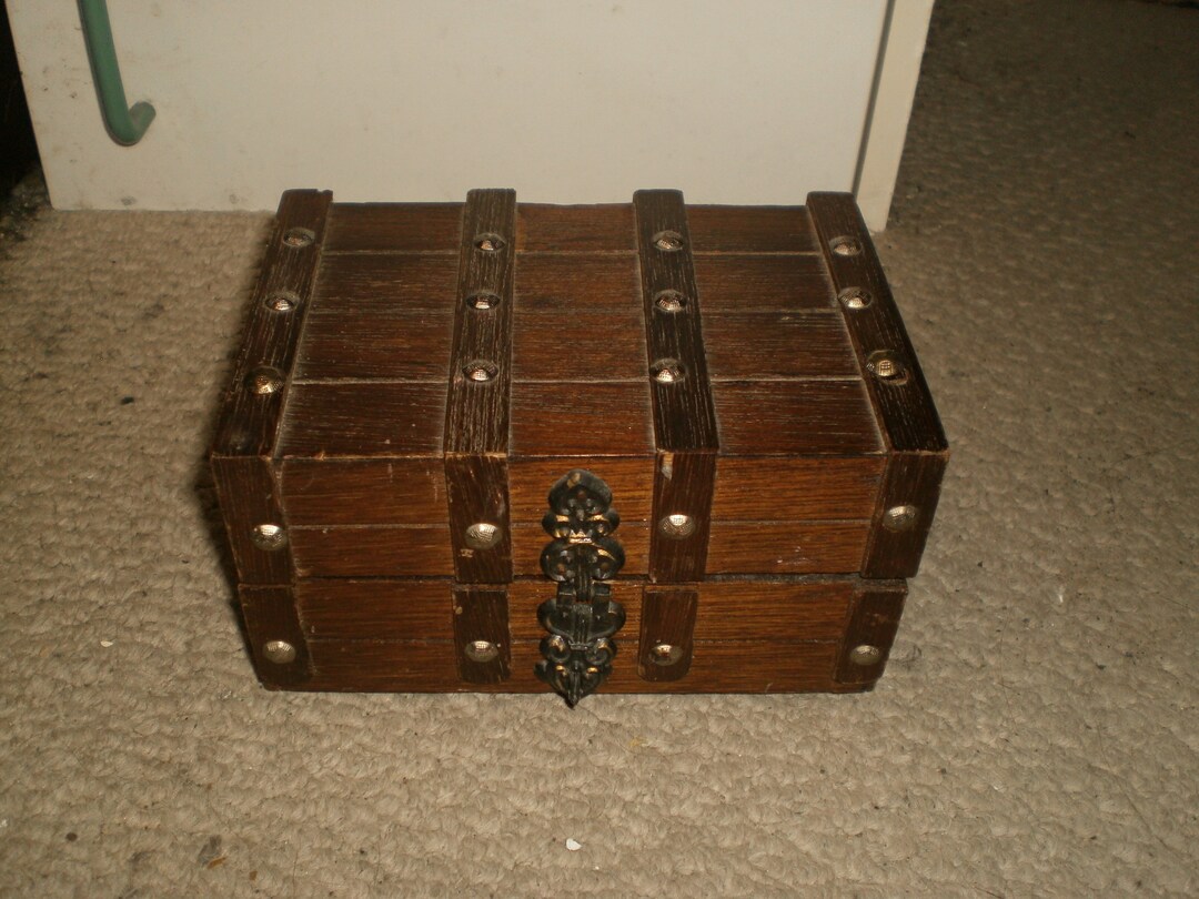 Vintage Wood Wooden Pirate Chest Jewelry Trinket Box With Removable