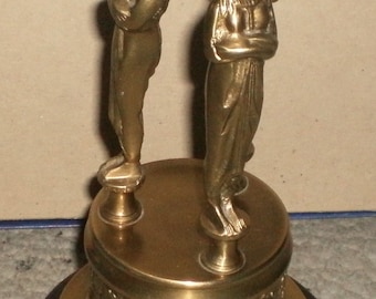 Vintage Bombay Company Solid Brass Pedestal Incense Burner Wood Wooden Base 9 Inches Tall Greek Goddesses
