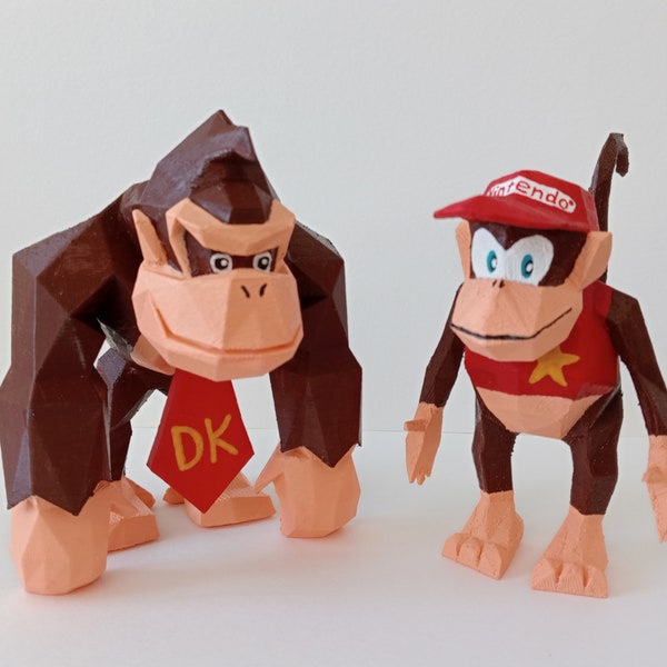 Donkey Kong and Diddy Kong 64 low-poly 3D printed figures