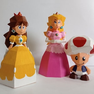 Figurines imprimées en 3D de la princesse Peach, de la marguerite et du crapaud (Mario 64) low-poly
