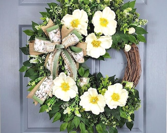 Elegant Magnolia Grapevine Wreath, Lush Spring Greenery with Designer Bow for Front Door