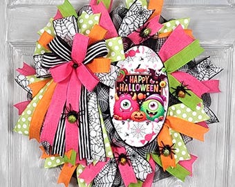 Corona de Halloween de Lil Monsters, decoración de puerta con telaraña