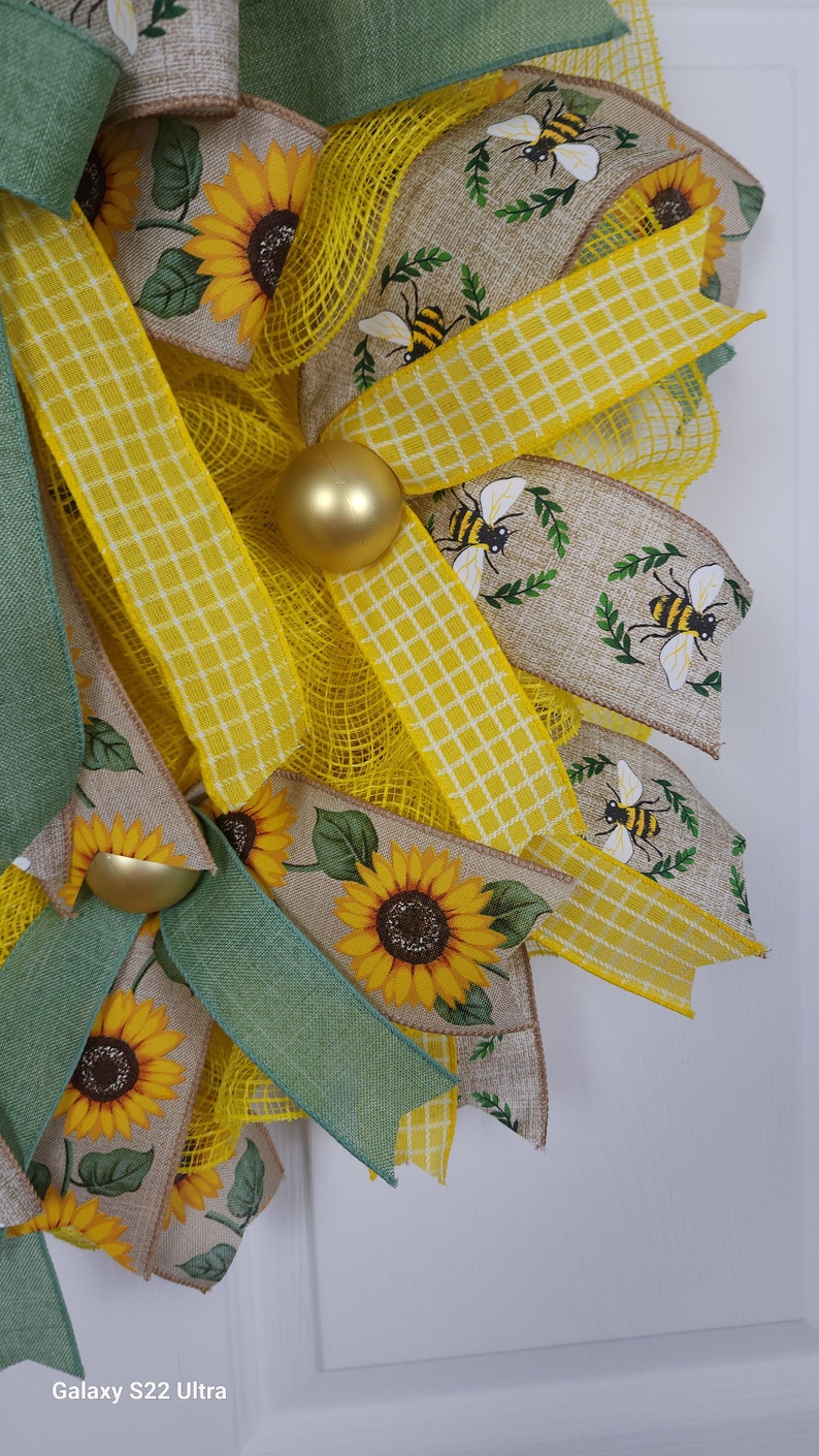 Sunflower and Bees Wreath, Ribbon, Bow and Mesh Wreath, Front Door