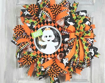 Spooky Halloween Ghost Wreath, Front Door Decor