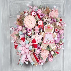 Gingerbread Girl Christmas Wreath, Candy Holiday Front Door Decor