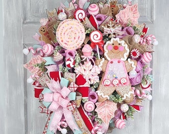 Corona navideña de niña de jengibre, decoración navideña de dulces para la puerta principal
