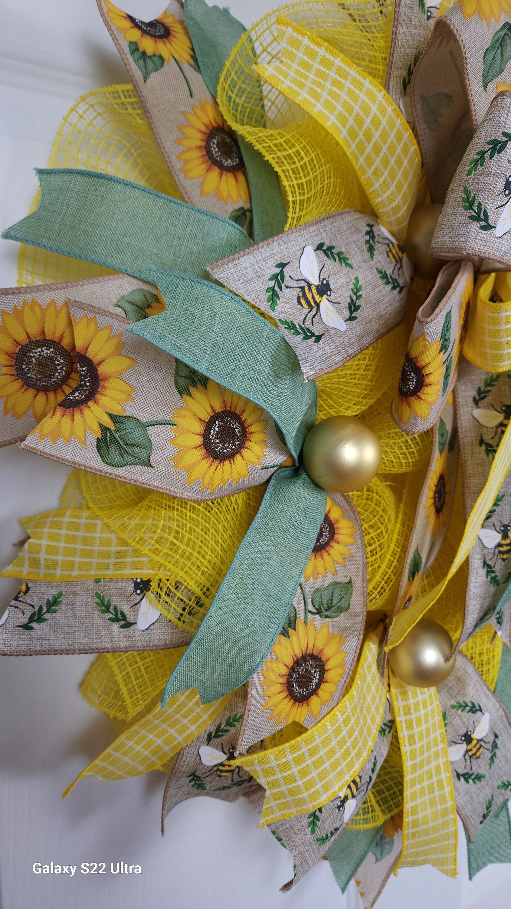Sunflower and Bees Wreath, Ribbon, Bow and Mesh Wreath, Front Door