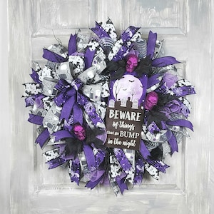 Spooky Halloween Graveyard Wreath, Purple Gray Decor