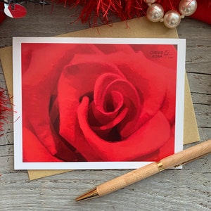 Carte de correspondance effet aquarelle rose rouge, oeuvre d'art originale et photographie, intérieur vierge, carte de correspondance écriture botanique fleurs, coffret cadeau, Saint-Valentin image 1