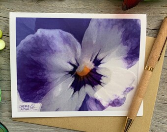 Carte de correspondance pensée, photographies d'oeuvres d'art originales, effet aquarelle numérique, cadeau de fille de jardin pensée violette et blanche, papeterie toutes occasions