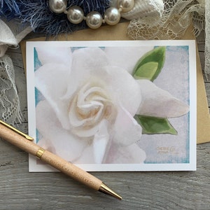 Carte de correspondance gardénia, fleur de mariée blanche, cadeau de mariage cape jasmin, carte de correspondance effet aquarelle florale cape romantique à partir d'une photographie originale image 1