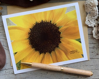 Carte de correspondance tournesol, oeuvre d'art et photographie originales, intérieur vierge, cadeau d'été de papeterie, cadeau jardinière, effet aquarelle numérique