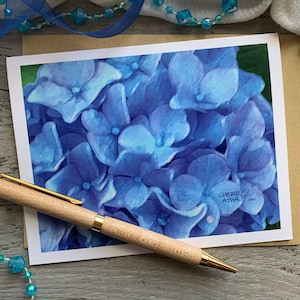 Carte de correspondance effet aquarelle bleu hortensia, 4,25 x 5,5 po. fabriquée à partir d'une photographie originale, merci/mariage/invitation/papeterie/événements image 1