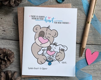 Carte de correspondance Bouledogue anglais et ours en peluche Spinkie Bear© & Friends Gipper Series Art original avec personnages, de la place dans votre coeur pour de nouveaux amis