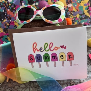 Carte de correspondance Hello Summer avec des sucettes glacées aux couleurs vives, papeterie cadeau d'été mignonne fantaisiste faite à la main à partir d'oeuvres d'art originales dessinées à la main image 5