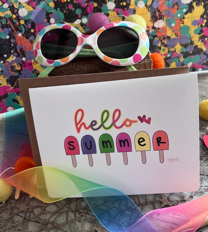 Carte de correspondance Hello Summer avec des sucettes glacées aux couleurs vives, papeterie cadeau d'été mignonne fantaisiste faite à la main à partir d'oeuvres d'art originales dessinées à la main image 5