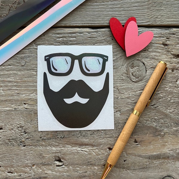 Beard Dude with sunglasses Decal, handmade with Permanent Water Resistant vinyl, choose your color of shades, smooth surfaces, mug sticker