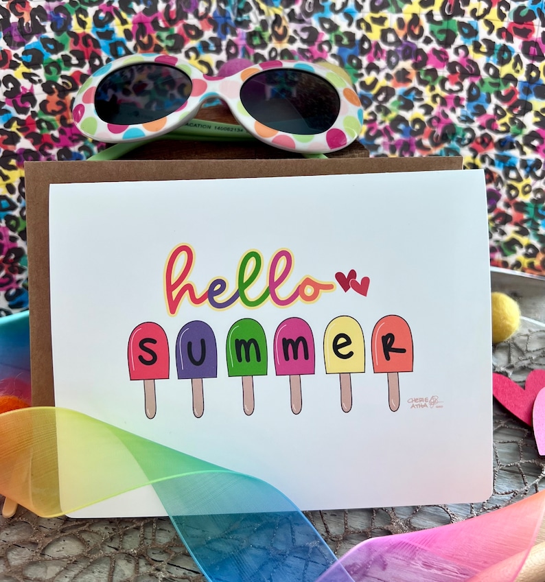 Carte de correspondance Hello Summer avec des sucettes glacées aux couleurs vives, papeterie cadeau d'été mignonne fantaisiste faite à la main à partir d'oeuvres d'art originales dessinées à la main image 2
