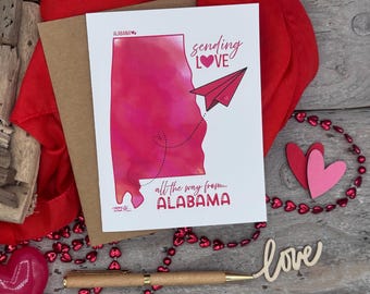 Carte de correspondance de l'Alabama, AL Love, Envoi d'amour depuis l'État d'AL, Carte de circonstance avec avion en papier, Aquarelle numérique originale, Fête des mères