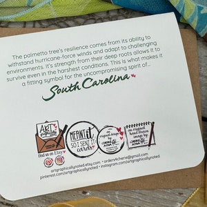 The back of the card with a paragraph about the Palmetto Palm Tree.