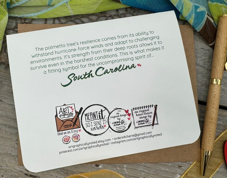 The back of the card with a paragraph about the Palmetto Palm Tree.
