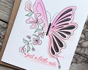 Butterfly Note Card Original hand drawn made art, watercolored insect that has flowers on wings, just a little note all occasion stationery