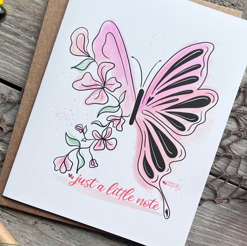 Carte de correspondance papillon, insecte aquarellé gobelin avec des fleurs sur les ailes, juste une petite note toutes les occasions de papeterie, original dessiné ar image 1