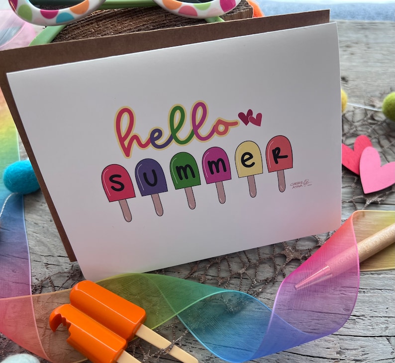 Carte de correspondance Hello Summer avec des sucettes glacées aux couleurs vives, papeterie cadeau d'été mignonne fantaisiste faite à la main à partir d'oeuvres d'art originales dessinées à la main image 7