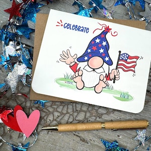 This adorable patriotic gnome card can be customized with this message celebrate, complemented by red starbursts along the sides. It is a fantastic way to send an invitation to share your American spirit with friends during Labor Day get togethers!