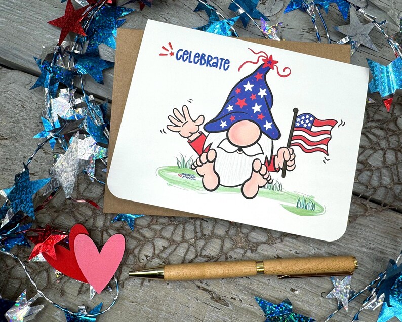 This adorable patriotic gnome card can be customized with this message celebrate, complemented by red starbursts along the sides. It is a fantastic way to send an invitation to share your American spirit with friends during Labor Day get togethers!