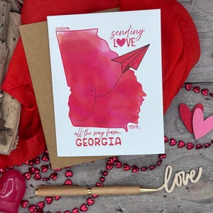 Carte de correspondance de Géorgie, GA Love, envoi d'amour depuis l'état GA, carte de visite pour toutes les occasions avec avion en papier, aquarelle numérique originale GA fête des mères image 1