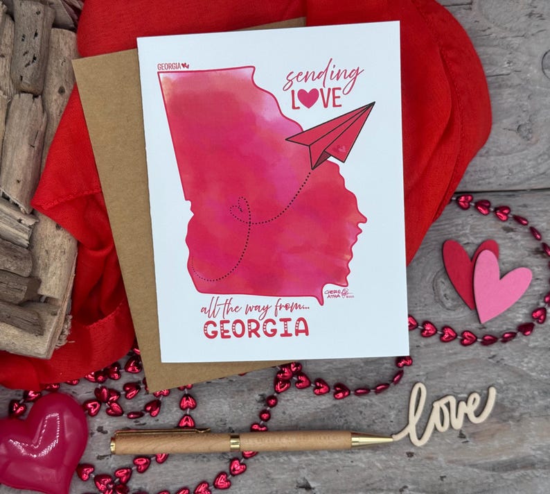 Carte de correspondance de Géorgie, GA Love, envoi d'amour depuis l'état GA, carte de visite pour toutes les occasions avec avion en papier, aquarelle numérique originale GA fête des mères image 1