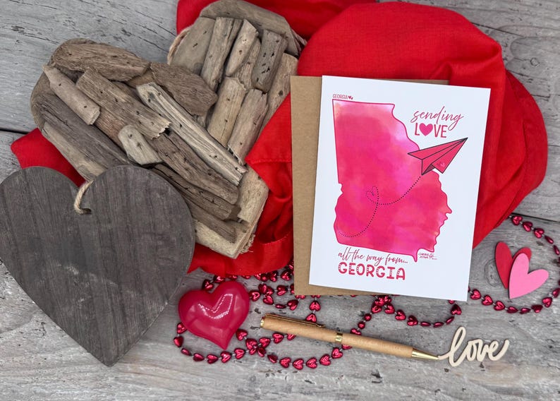 Carte de correspondance de Géorgie, GA Love, envoi d'amour depuis l'état GA, carte de visite pour toutes les occasions avec avion en papier, aquarelle numérique originale GA fête des mères image 4