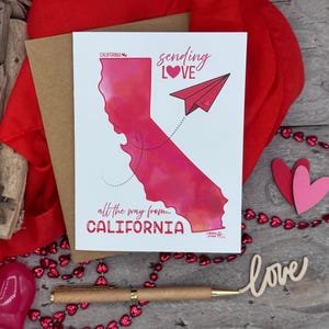Carte de correspondance de Californie, amour de la Californie, envoi d'amour depuis l'état de Californie, carte de visite unique avec avion en papier, fête des mères aquarelle numérique originale image 1