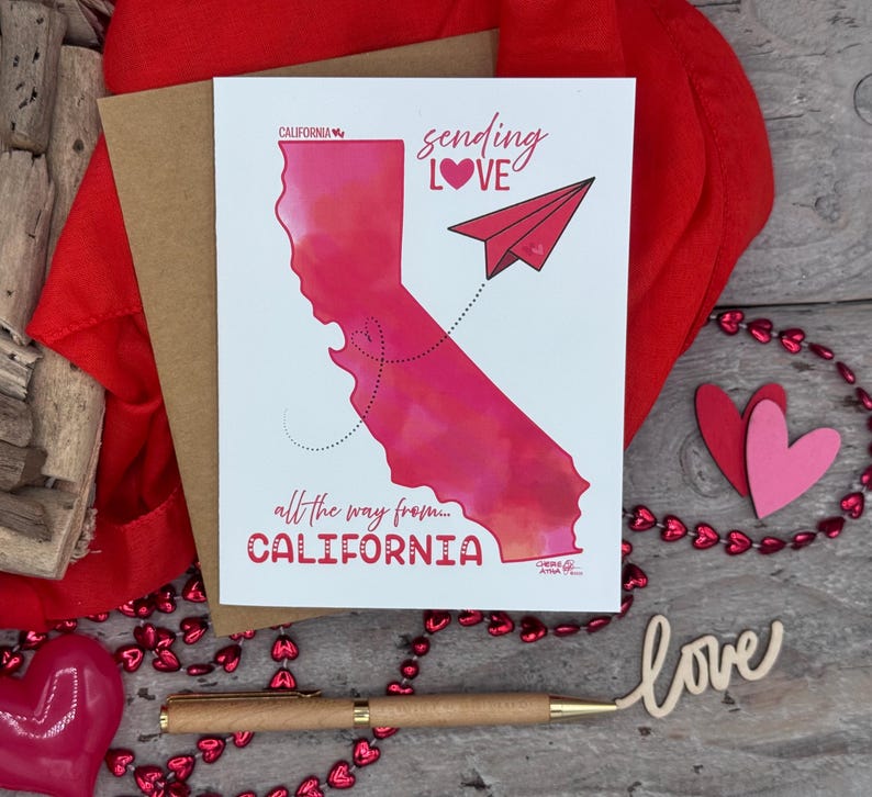 Carte de correspondance de Californie, amour de la Californie, envoi d'amour depuis l'état de Californie, carte de visite unique avec avion en papier, fête des mères aquarelle numérique originale image 1