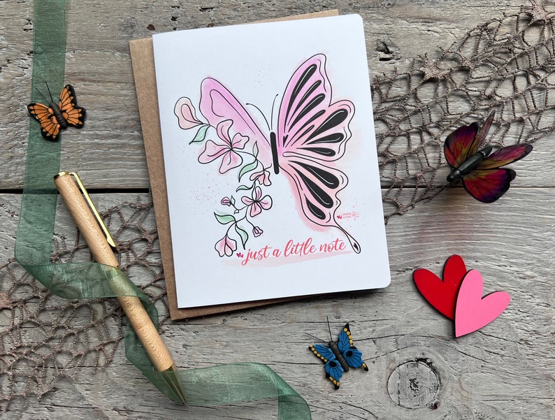 Carte de correspondance papillon, insecte aquarellé gobelin avec des fleurs sur les ailes, juste une petite note toutes les occasions de papeterie, original dessiné ar image 2
