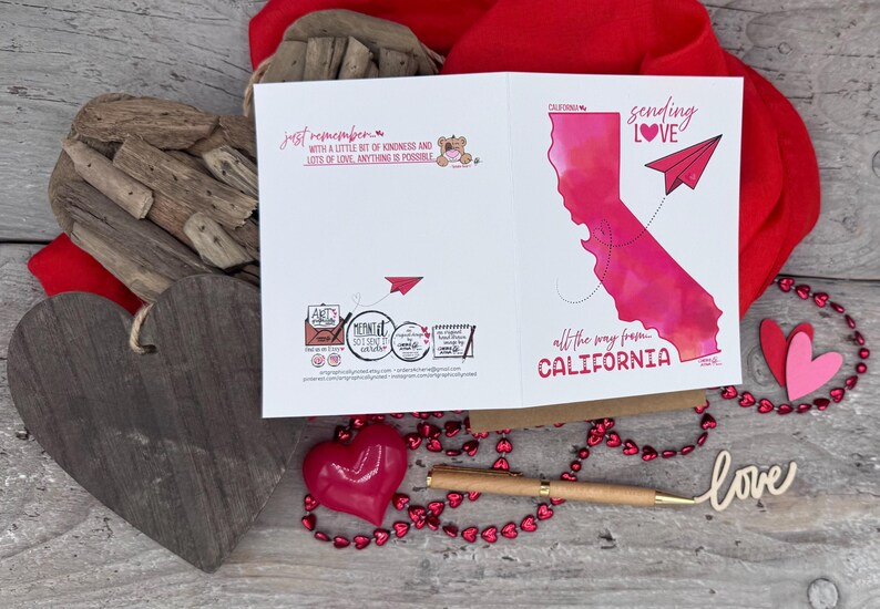 Carte de correspondance de Californie, amour de la Californie, envoi d'amour depuis l'état de Californie, carte de visite unique avec avion en papier, fête des mères aquarelle numérique originale image 5