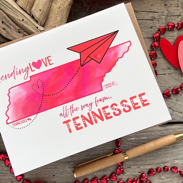 Tennessee TN Note Card, Hand-Drawn Made Original Art, Blank inside, Sending mom love from Tennessee All Occassion Card with paper airplane