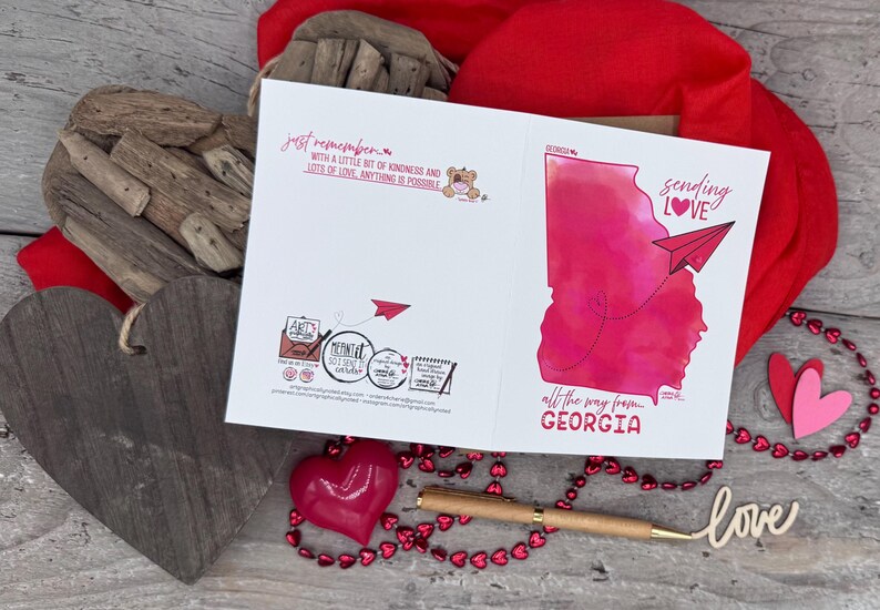 Carte de correspondance de Géorgie, GA Love, envoi d'amour depuis l'état GA, carte de visite pour toutes les occasions avec avion en papier, aquarelle numérique originale GA fête des mères image 6