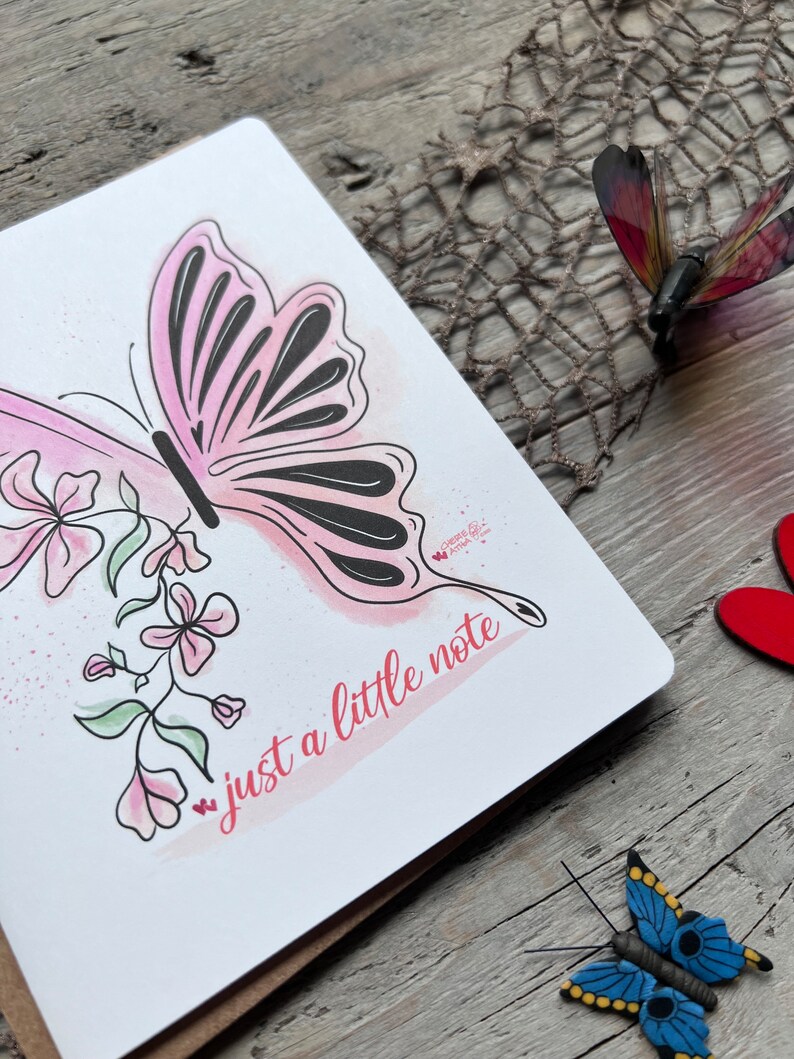 Carte de correspondance papillon, insecte aquarellé gobelin avec des fleurs sur les ailes, juste une petite note toutes les occasions de papeterie, original dessiné ar image 4