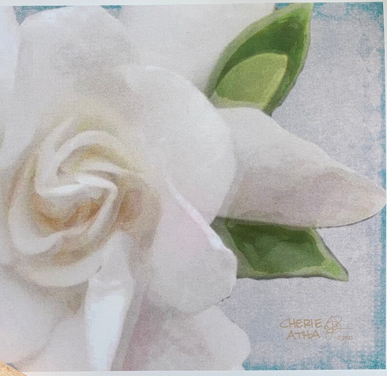 Carte de correspondance gardénia, fleur de mariée blanche, cadeau de mariage cape jasmin, carte de correspondance effet aquarelle florale cape romantique à partir d'une photographie originale image 3