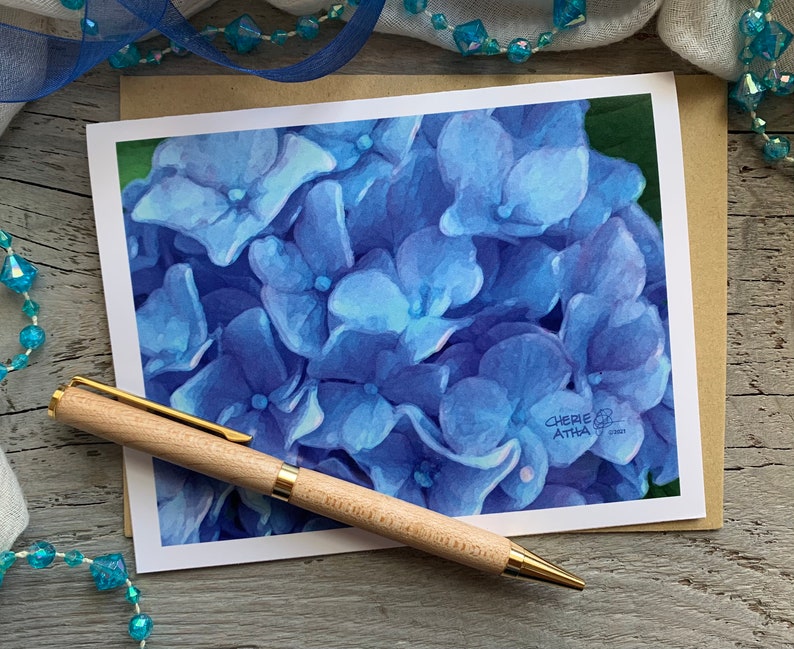 Carte de correspondance effet aquarelle bleu hortensia, 4,25 x 5,5 po. fabriquée à partir d'une photographie originale, merci/mariage/invitation/papeterie/événements image 1