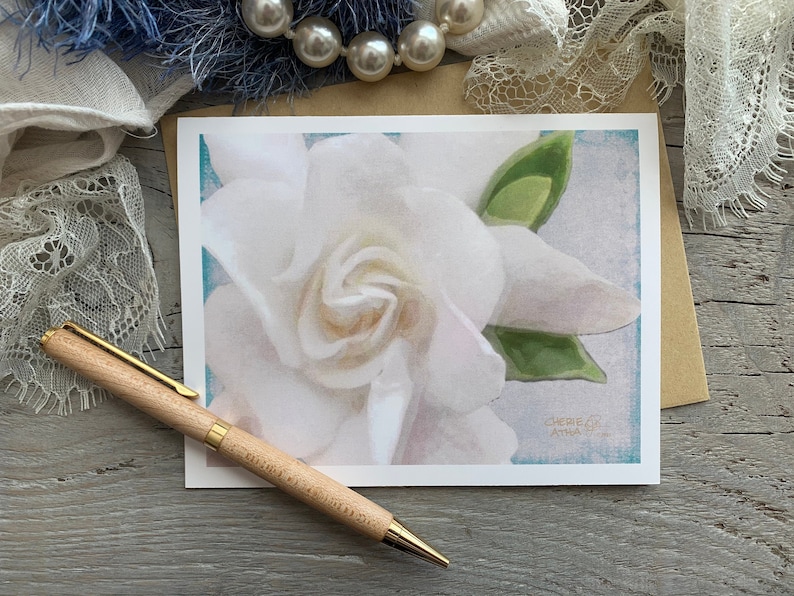 Carte de correspondance gardénia, fleur de mariée blanche, cadeau de mariage cape jasmin, carte de correspondance effet aquarelle florale cape romantique à partir d'une photographie originale image 1