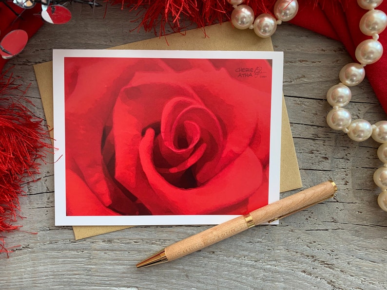 Carte de correspondance effet aquarelle rose rouge, oeuvre d'art originale et photographie, intérieur vierge, carte de correspondance écriture botanique fleurs, coffret cadeau, Saint-Valentin image 1