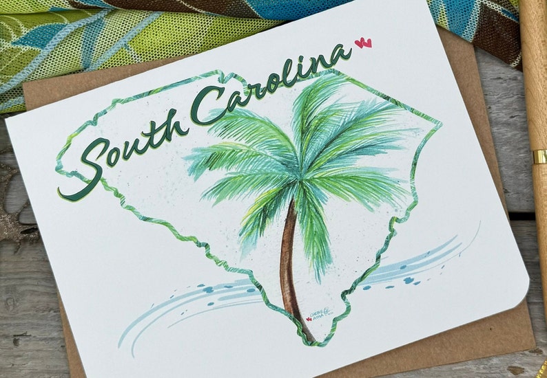 Watercolored Palm Tree in the outline of the state of South Carolina