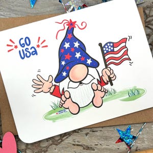 This adorable patriotic gnome card can be customized with this message Go USA, accentuated with red starbursts along the sides. It is a fantastic way to share your American spirit with friends during the Labor day or any celebration!