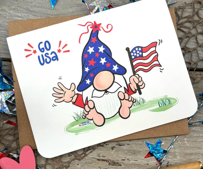 This adorable patriotic gnome card can be customized with this message Go USA, accentuated with red starbursts along the sides. It is a fantastic way to share your American spirit with friends during the Labor day or any celebration!